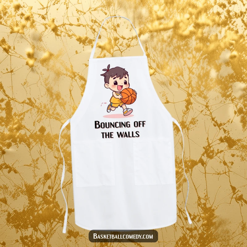 Funny apron depicting a cute character energetically dribbling a basketball with exaggerated joy, bringing humor to the kitchen.