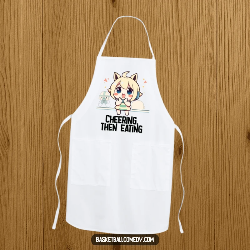 Funny apron with an excited character whose hands are clasped, cheering at a game, ideal for adding fan spirit to kitchen activities.