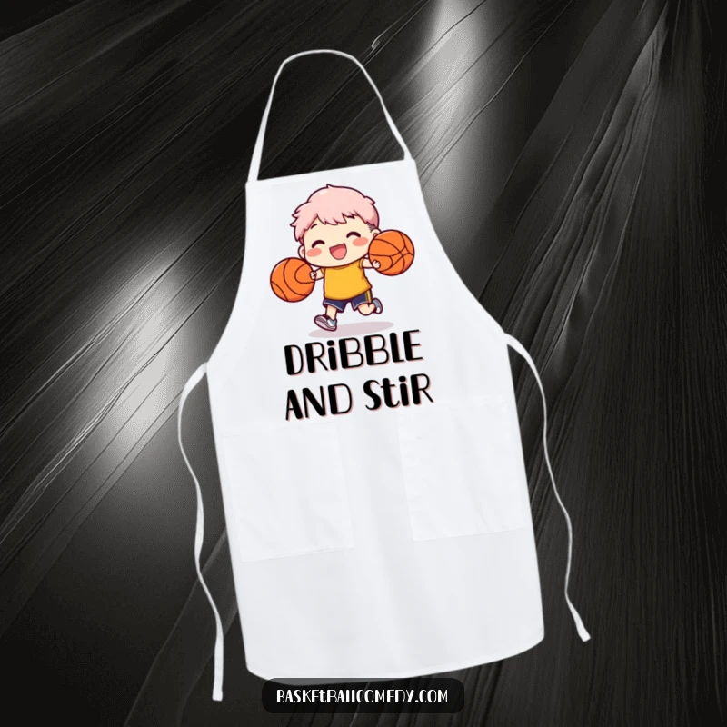 Funny apron featuring a character skillfully dribbling two basketballs, perfect for kitchen multitasking and basketball enthusiasts.