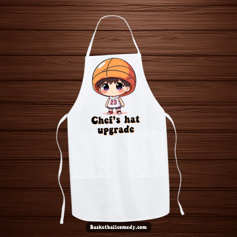 Funny apron featuring a character wearing an oversized basketball as a hat, blending kitchen fun with basketball.