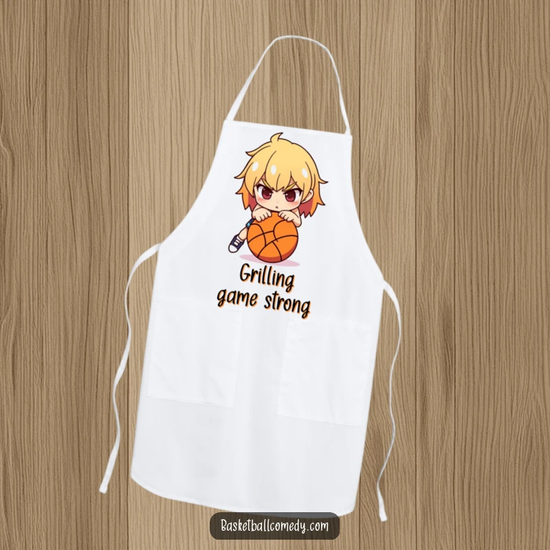 Funny Basketball Apron: A determined character is ready to shoot a basketball, bringing sporty humor and protection to cooking.