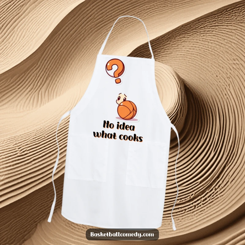 Funny apron depicting a confused character with a question mark, looking bewildered by a basketball.