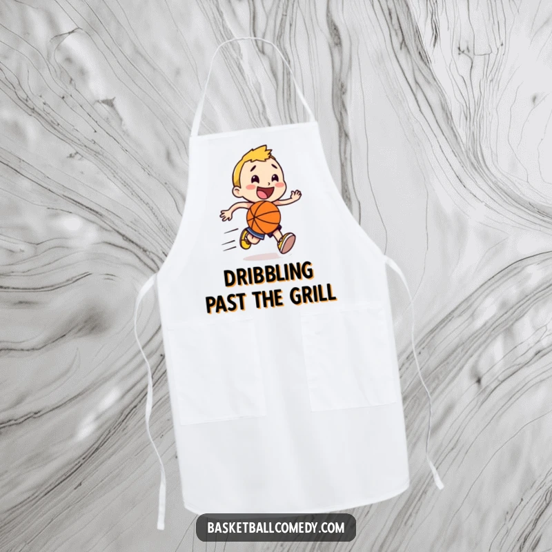Funny happy character running with a basketball, leaving speed lines, featured on a kitchen apron for a humorous sports accessory.