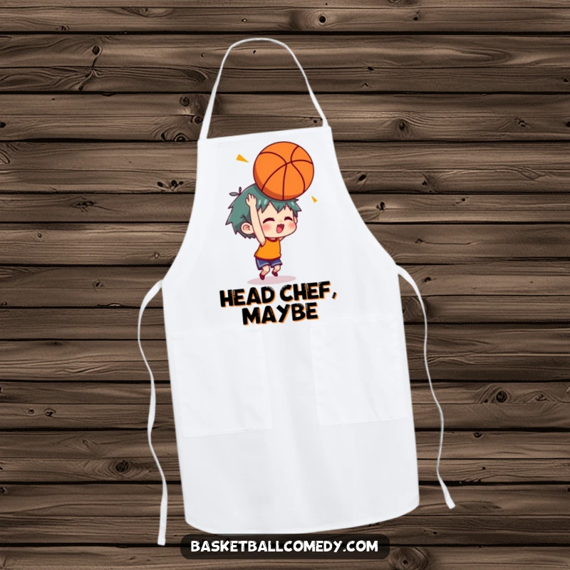 Funny apron featuring a character stunned by a basketball bounce off the head, perfect for kitchen fun.