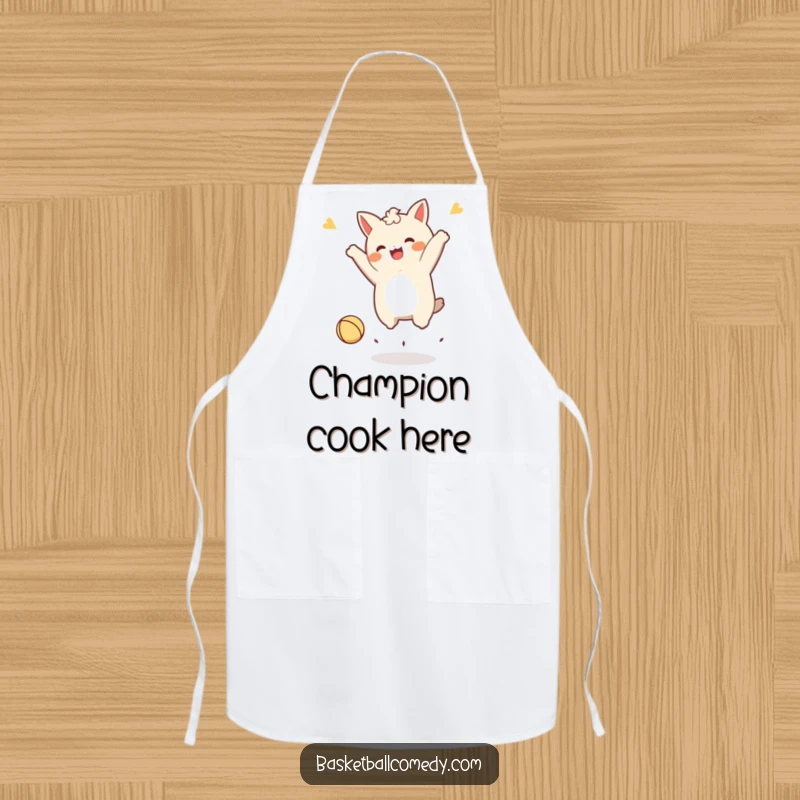 Funny Kawaii character apron, in a joyful jump after dunking a tiny ball, adding a sporty and fun element to cooking tasks.