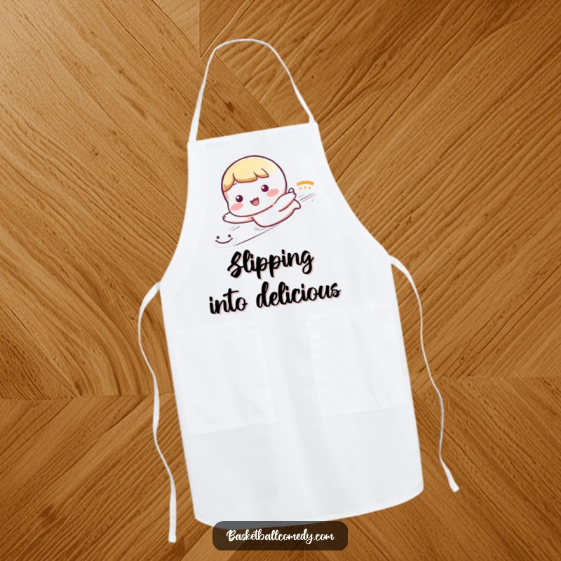 Funny apron showing a cute character sliding dramatically, leaving a trail of smiley faces, bringing humor to the kitchen.