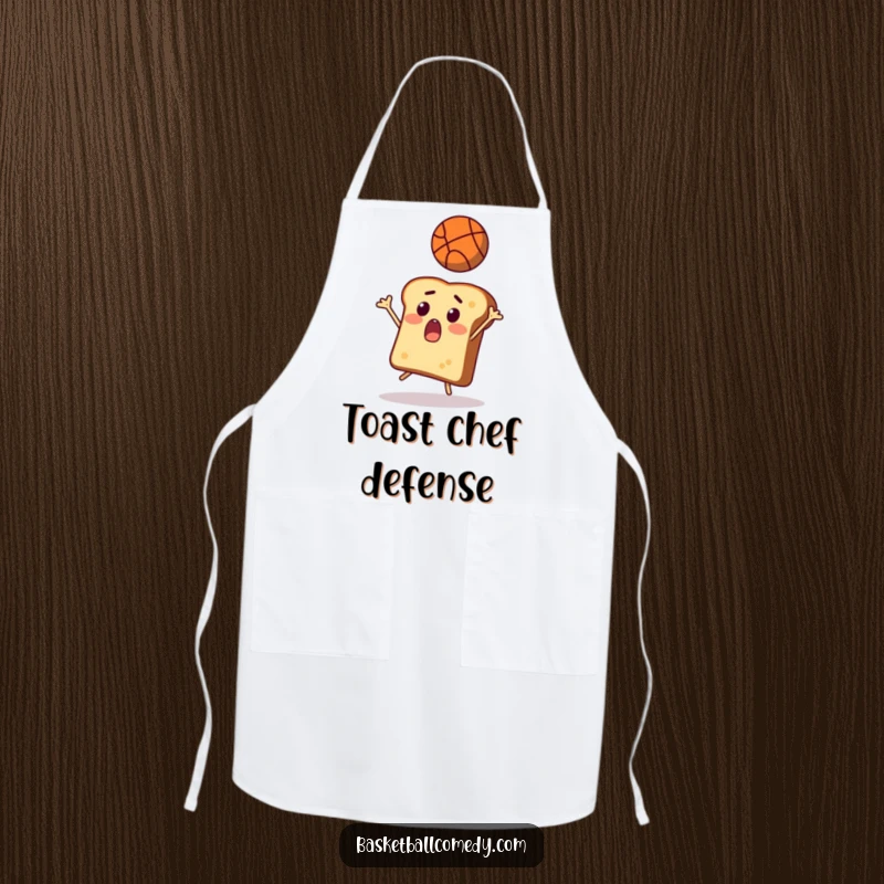 Funny toast apron, a surprised slice of bread trying to catch a flying basketball, making cooking tasks hilariously fun.