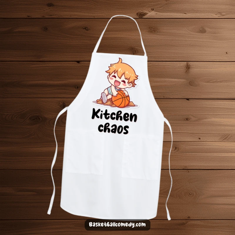 Funny apron showing a Kawaii character hilariously tripping over a basketball, landing in a heap with a funny, cheerful grin.
