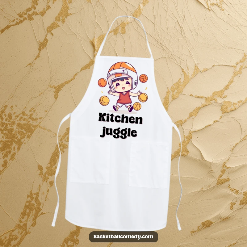 Funny kitchen apron with a character in a basketball helmet hilariously juggling basketballs, perfect for combining cooking and sports.