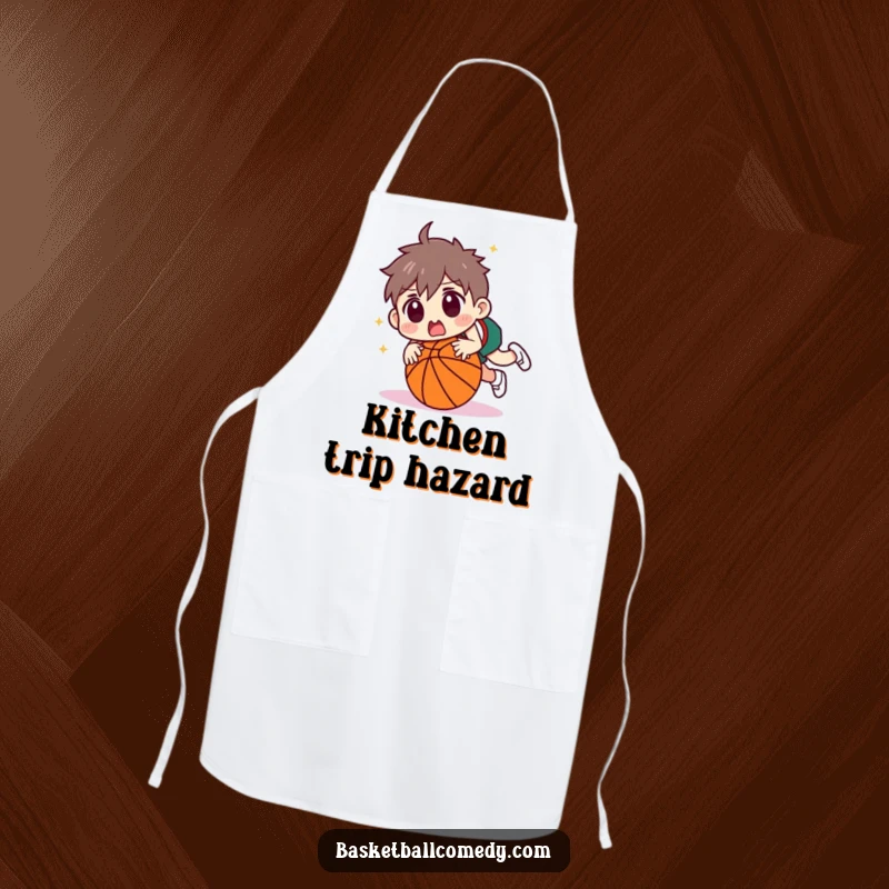 Funny character tripping over a basketball with a surprised face on a kitchen apron. Ideal for chefs and those who enjoy slapstick.