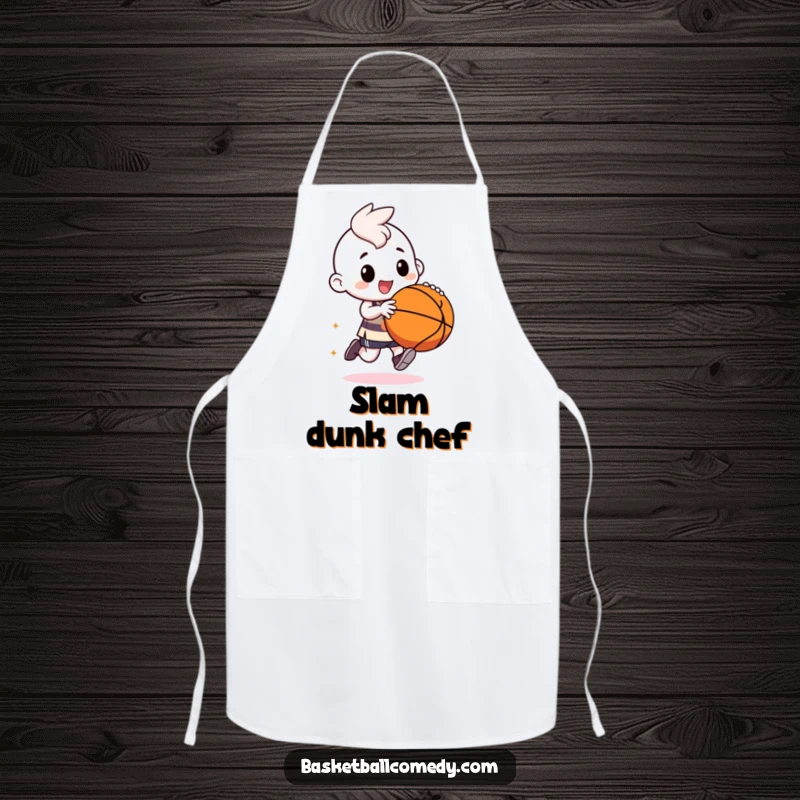 Funny kawaii character apron, dribbling a basketball while cooking, a hilarious and practical kitchen accessory.