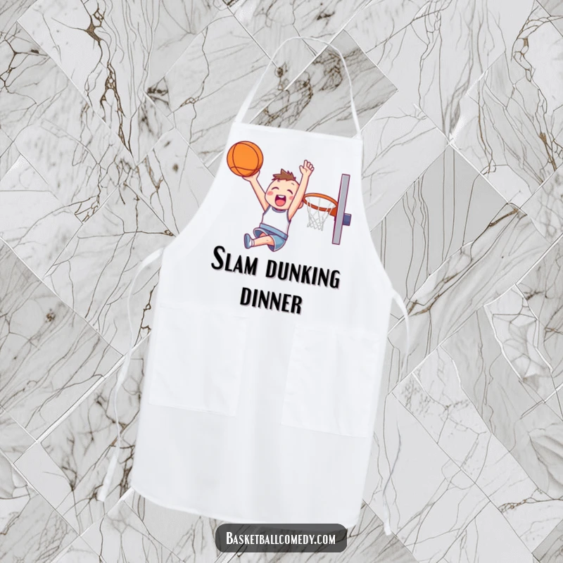 Funny apron showing a cute character joyfully attempting a slam dunk while soaring through the air, ready for kitchen action.