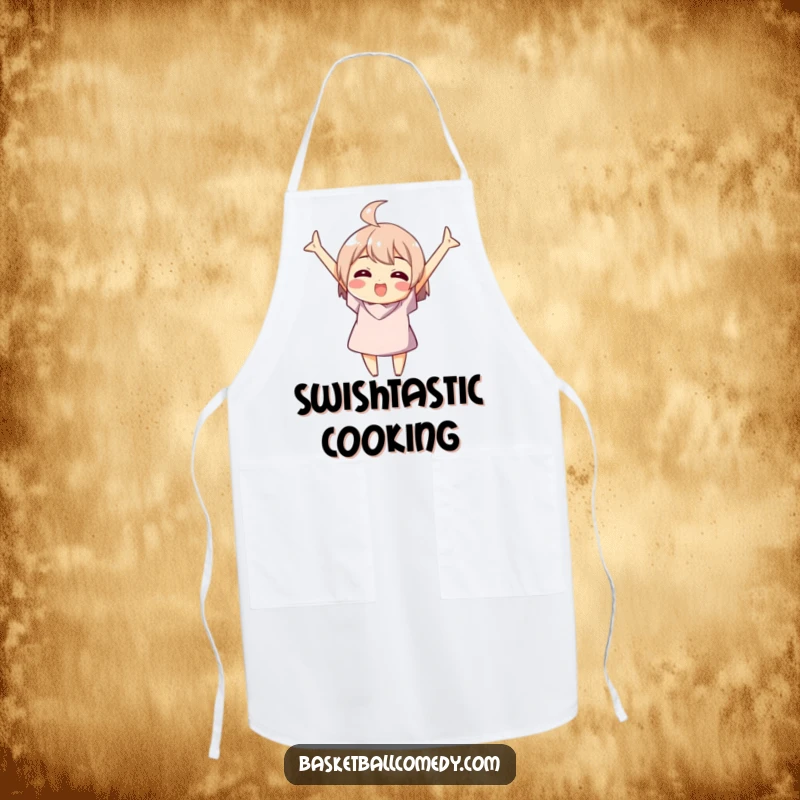 Funny apron featuring a character celebrating a basketball swish, ideal for kitchen triumphs and game day feasts.