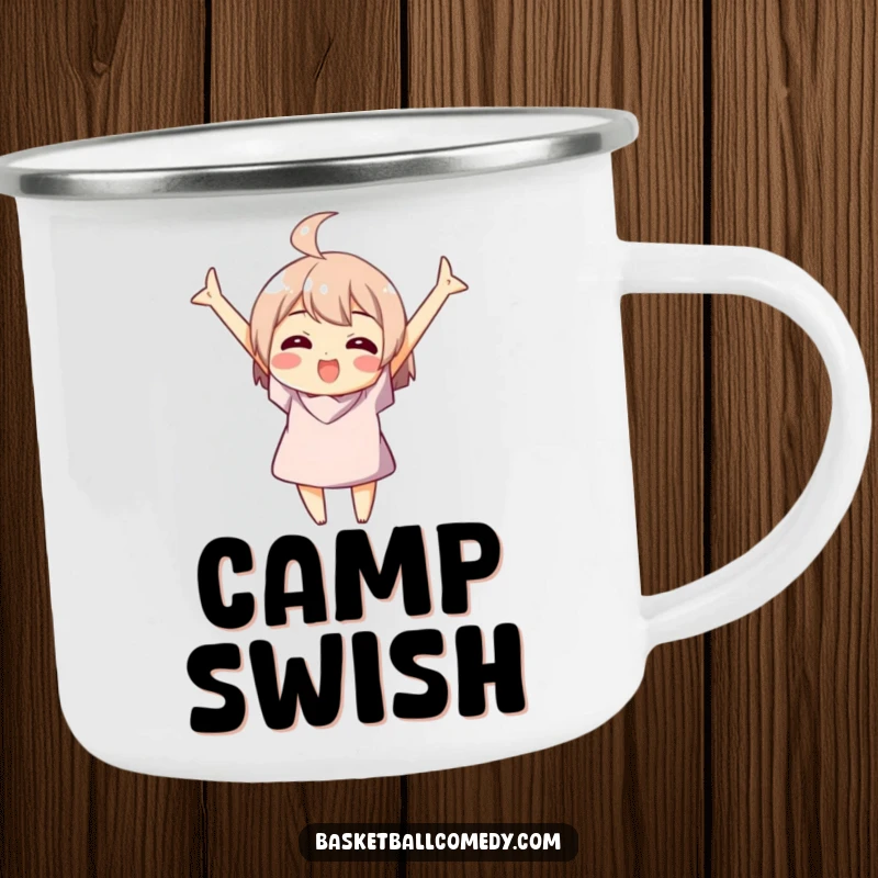 Funny camping mug showing a character celebrating a basketball swish, bringing winning vibes to outdoor adventures.