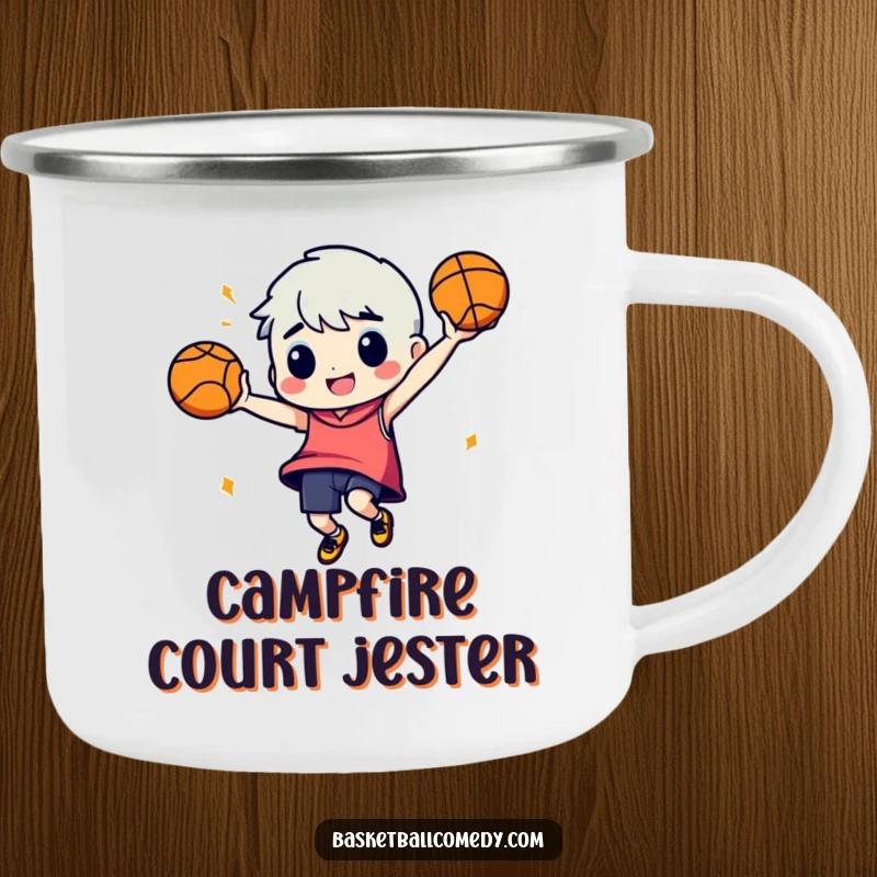 Funny camping mug: A character dances energetically with a basketball, perfect for humorous outdoor enjoyment.