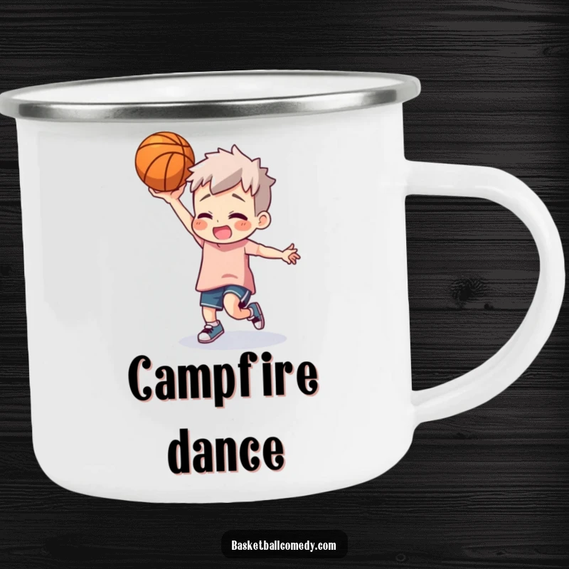 Funny basketball dancer camping mug with a character dancing with a basketball, perfect for outdoor drinks.