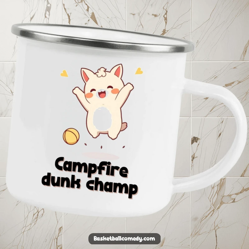 Funny Kawaii character camping mug, in a joyful jump after dunking a tiny ball, ready for outdoor celebrations and warm drinks.