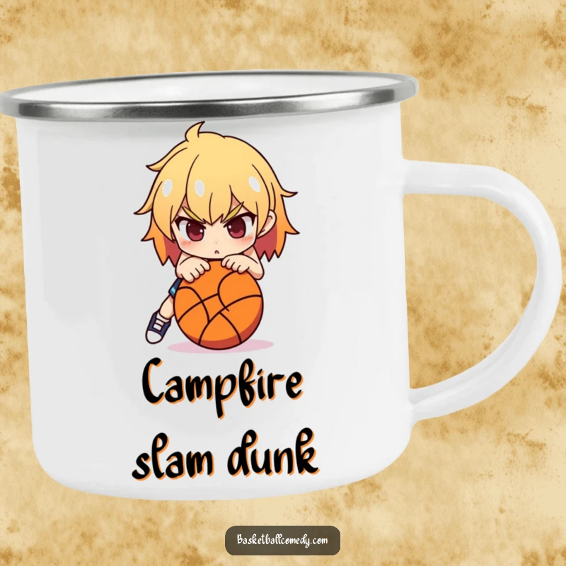Funny Basketball Camping Mug: A determined character is ready to shoot a basketball, perfect for fueling adventures with sporty humor.