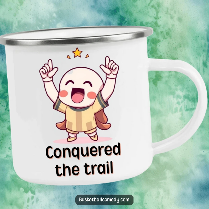 Funny camping mug featuring a character celebrating a score with arms raised, perfect for toasting outdoor triumphs.
