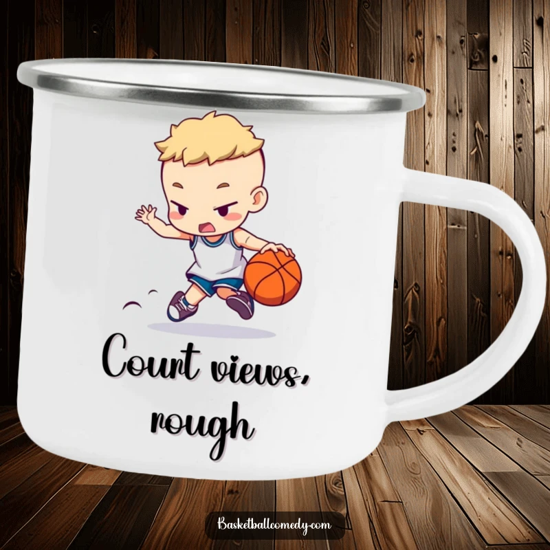Funny camping mug featuring a character dribbling a basketball with extreme concentration, perfect for outdoor enthusiasts and a humorous gift.