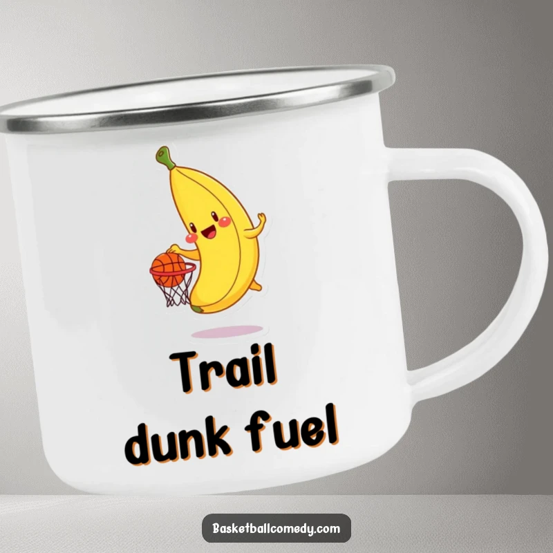 Funny banana camping mug, a cheerful banana character trying to dunk a basketball, perfect for outdoor fun and laughs.