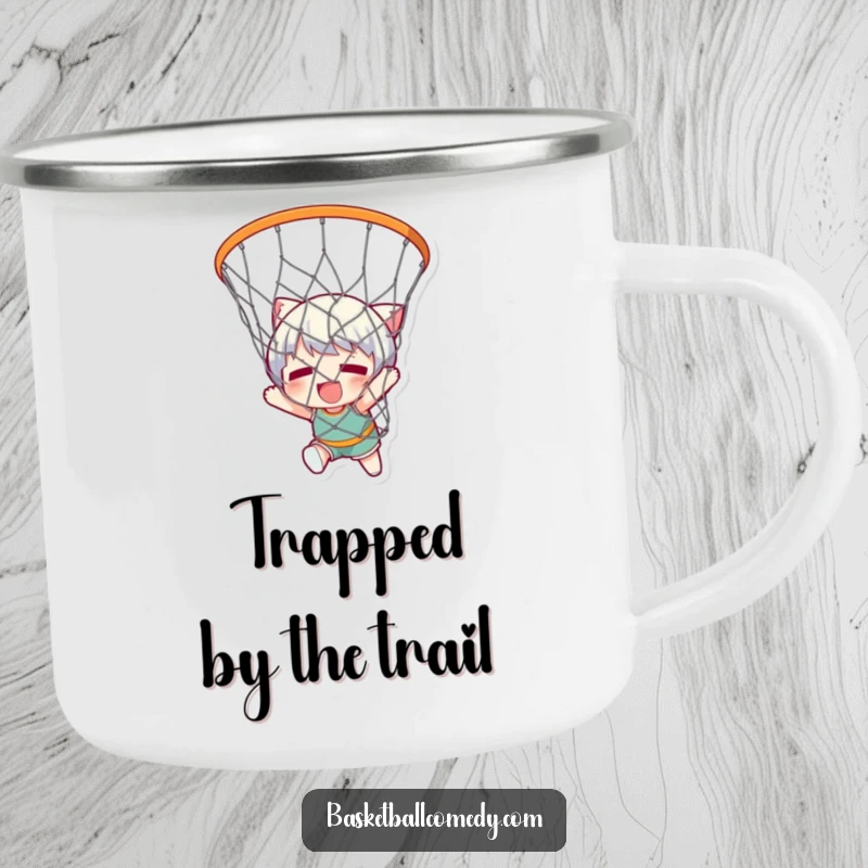 Funny camping mug with a cute character comically stuck in a basketball net, ideal for outdoor enthusiasts who appreciate humor.