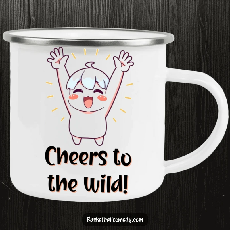 Funny camping mug with a cute character excitedly cheering with both arms raised high, perfect for outdoor celebrations.