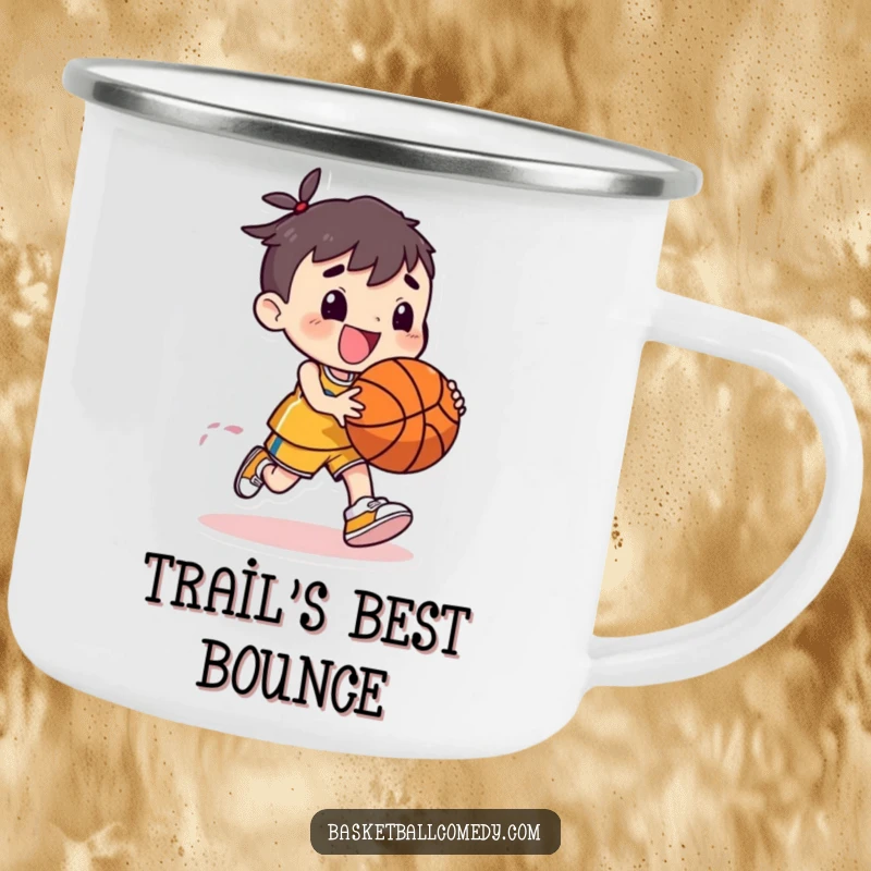 Funny camping mug with a cute character dribbling a basketball with exaggerated joy and bounce, perfect for outdoor enthusiasts.