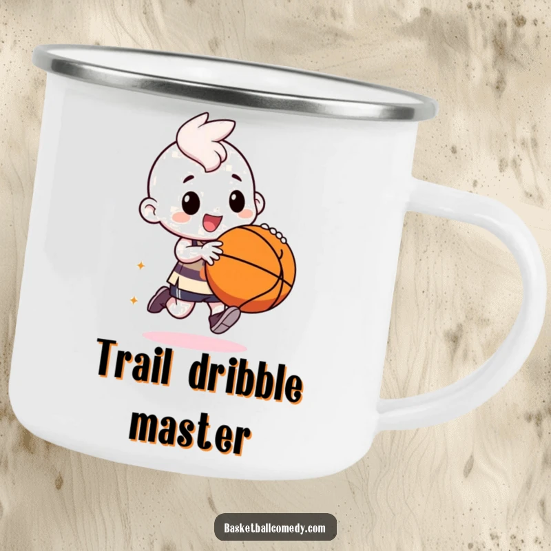 Funny kawaii character camping mug, dribbling a basketball in the wilderness, a humorous and robust outdoor accessory.