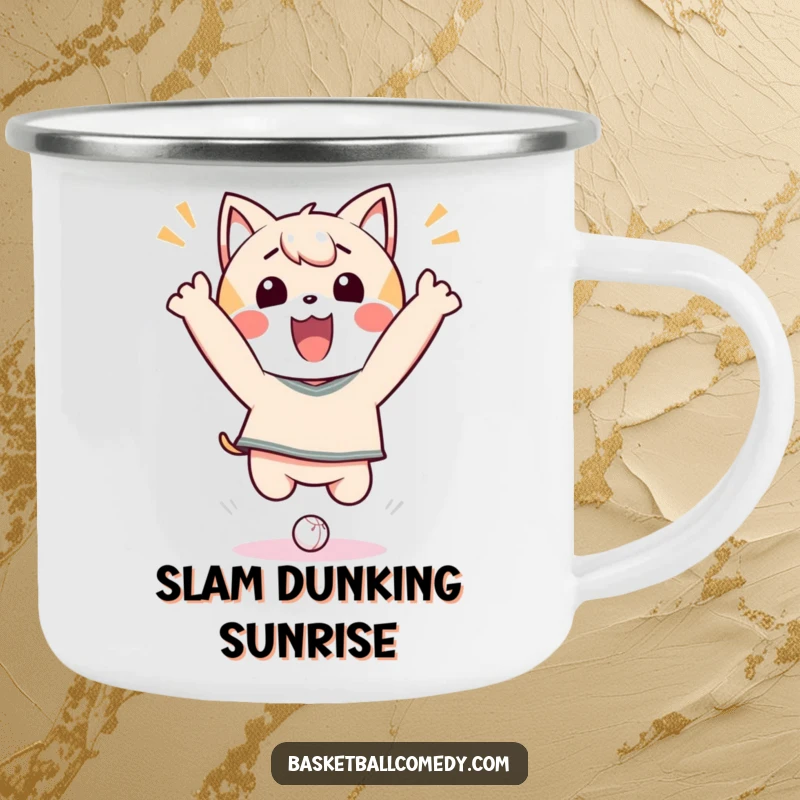 Funny Camping Mug with a lively Kawaii character joyfully celebrating a basketball dunk, ready for adventure.