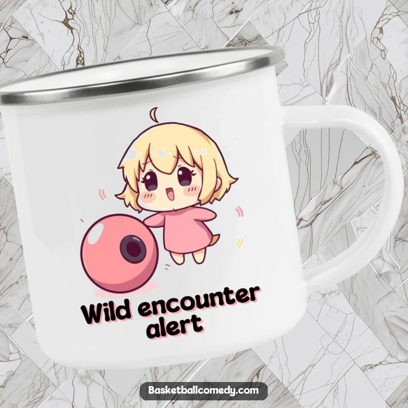 Funny camping mug with a cute character comically surprised by a runaway, bouncing basketball, ideal for outdoor enthusiasts who love humor.