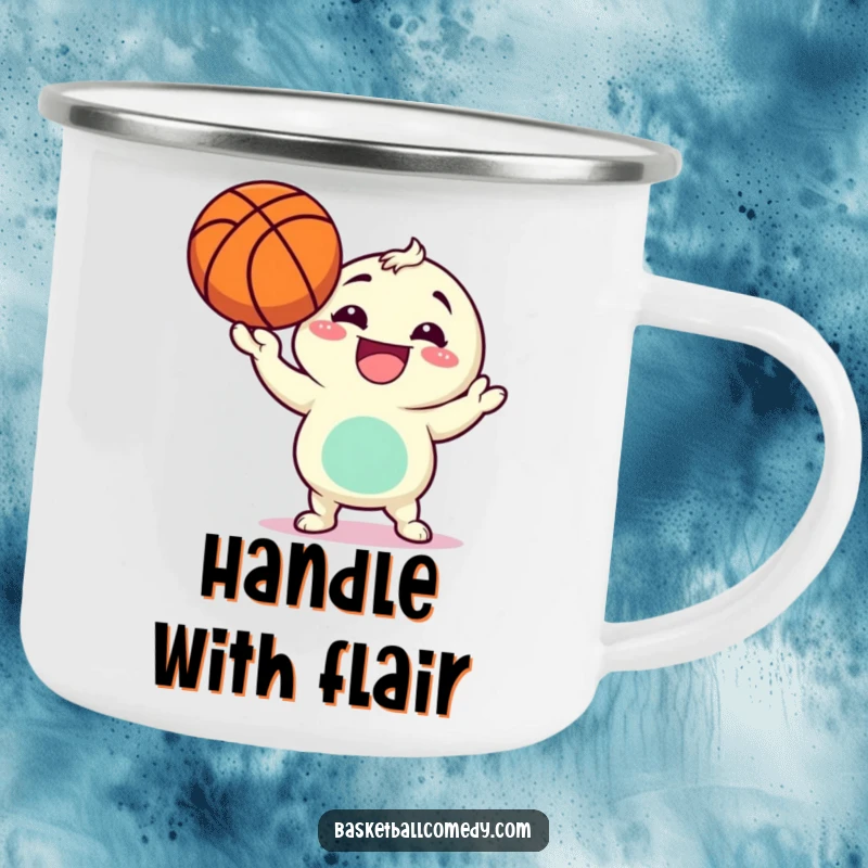 Funny camping mug featuring a character mid-basketball spin with a huge grin, perfect for outdoor enthusiasts who love humor.