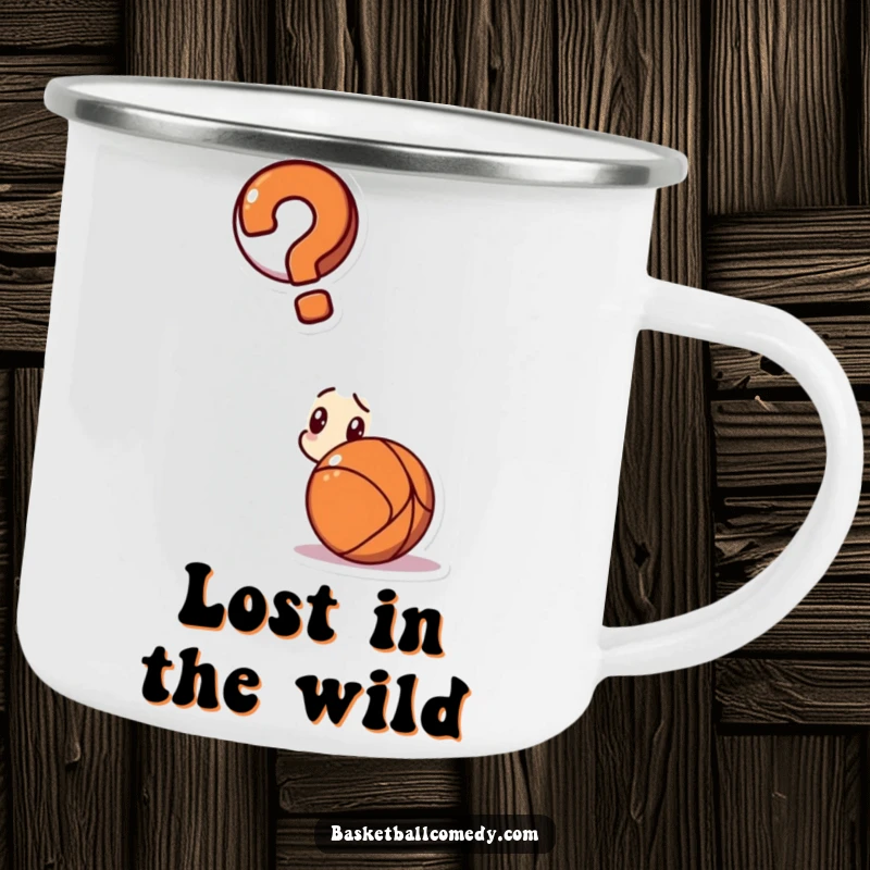 Funny camping mug featuring a confused character with a question mark, staring at a basketball.