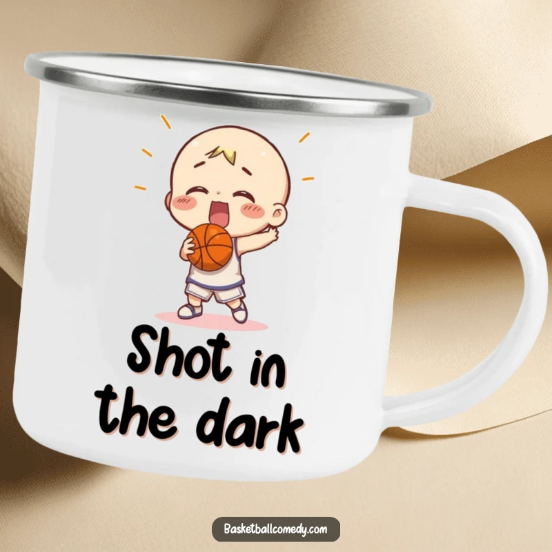 Funny character comically missing a basketball shot on a durable camping mug. Perfect for sports fans during outdoor trips.