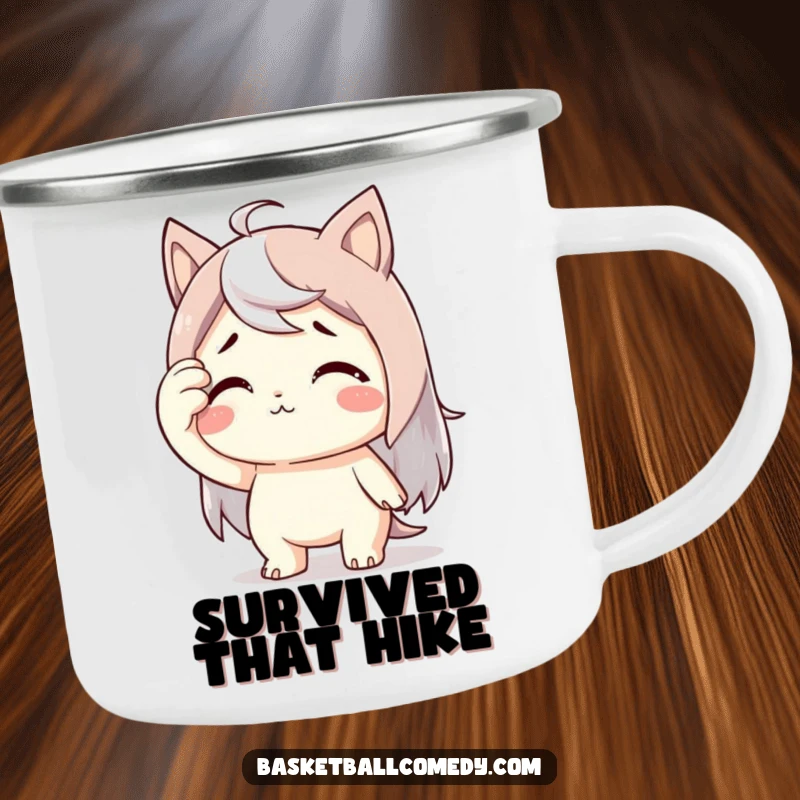 Funny camping mug with a cute character wiping sweat from its brow with exaggerated relief, ideal for appreciating a moment of rest.