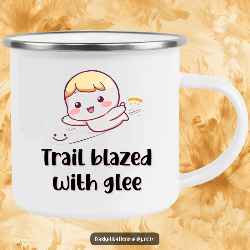 Funny camping mug with a cute character sliding dramatically, leaving a trail of smiley faces, perfect for happy campers.