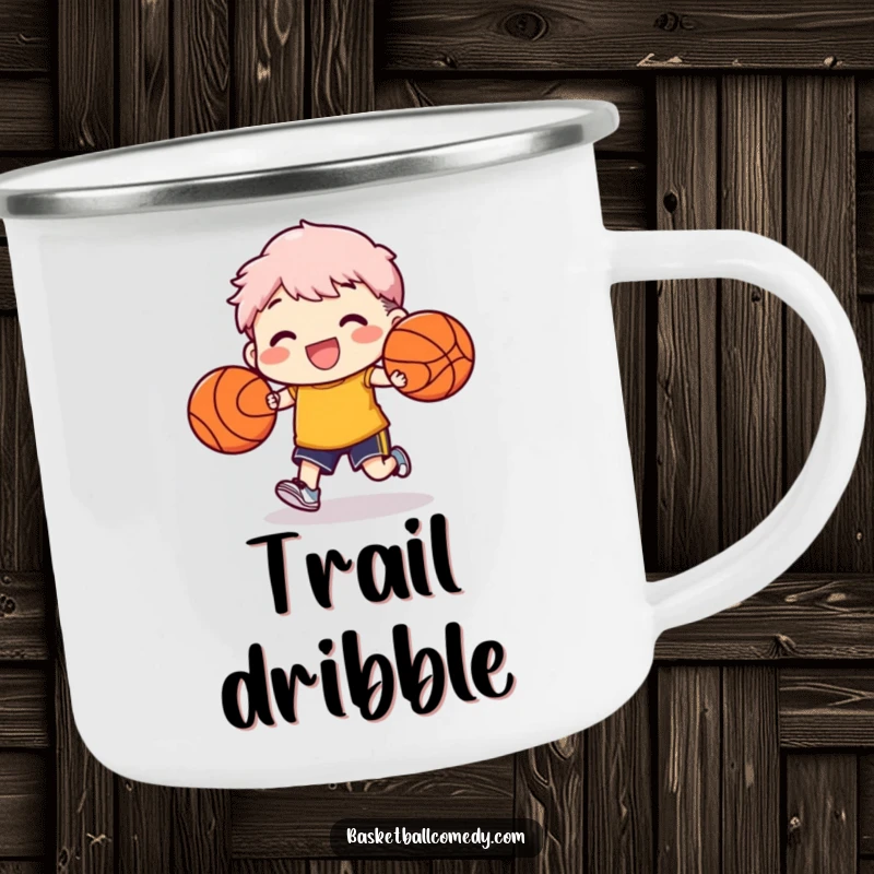 Funny camping mug showing a character happily dribbling two basketballs, bringing outdoor fun and skill.