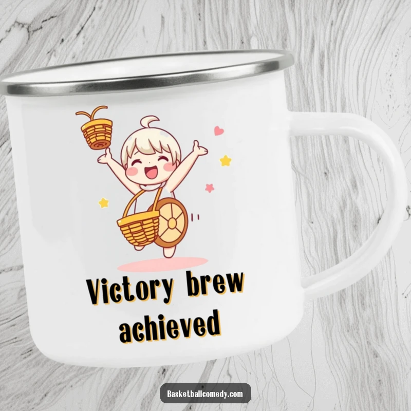 Funny camping mug showing a cute character doing a cartwheel in basketball celebration, ideal for outdoor enthusiasts who love humor.