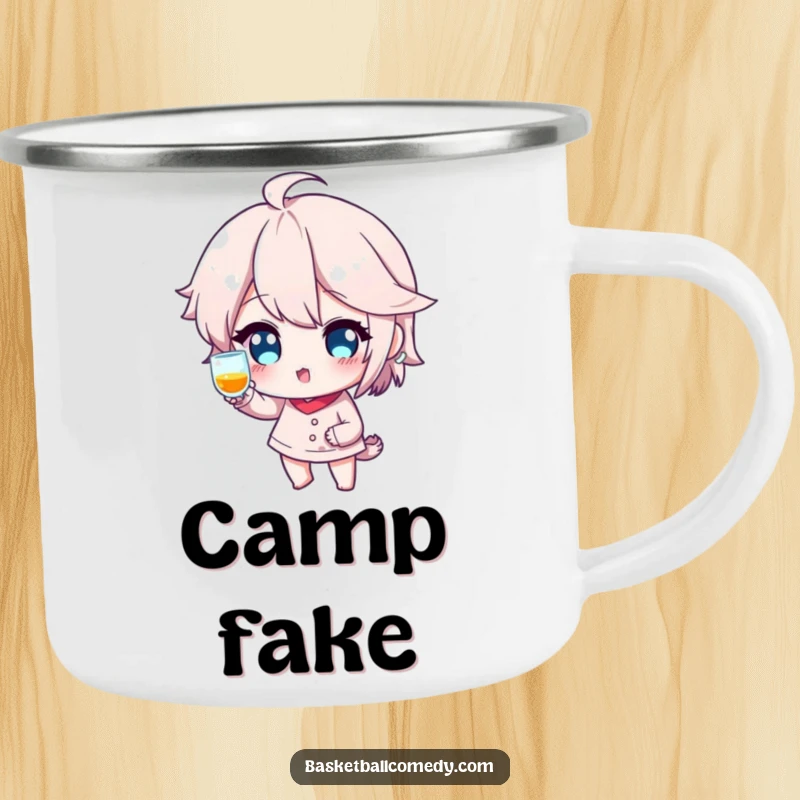 Funny camping mug with a basketball player faking a shot with a playful wink, perfect for enjoying drinks during outdoor activities.