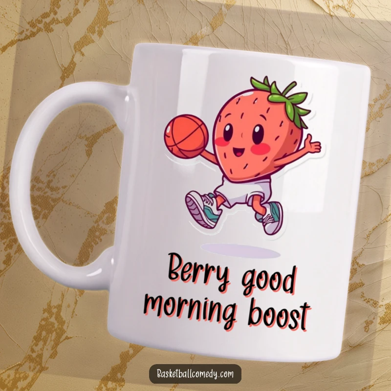 Funny slam dunking strawberry wearing sneakers, energetically playing basketball, perfect for a funny gift.
