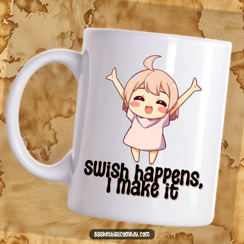 Funny mug showing a joyful character with arms up celebrating a perfect basketball swish, pure winning excitement.