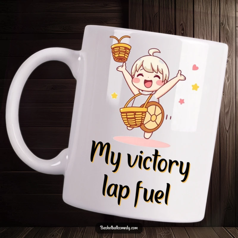 Funny mug featuring a cute character doing a cartwheel in celebration of making a basketball basket, showcasing pure joy and athletic flair.