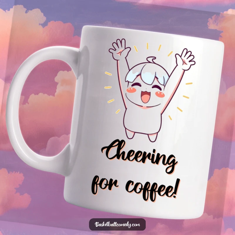 Funny mug showing a cute character excitedly cheering with both arms raised high, radiating pure joy and celebration.