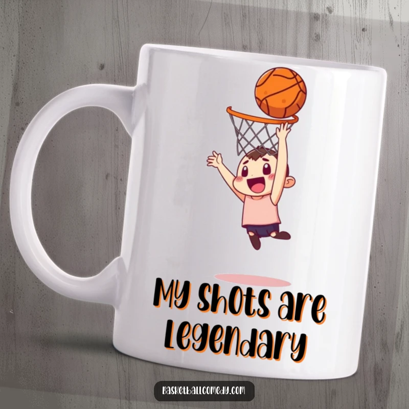 Funny mug featuring a mischievous character attempting a basketball dunk from an impossible distance, showcasing humor and determination.