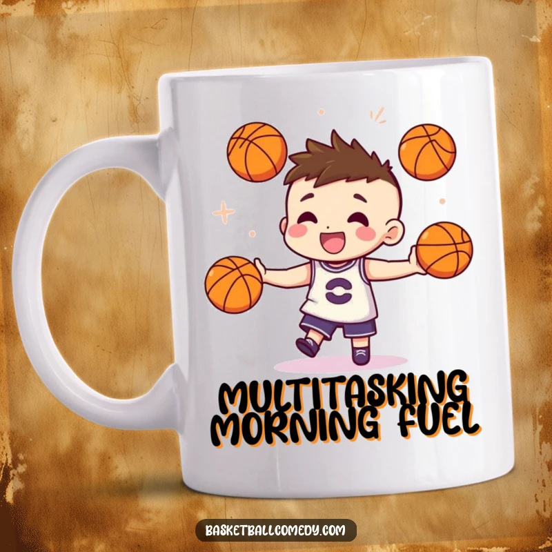 Funny mug featuring a cute character skillfully juggling three miniature basketballs with impressive flair and a confident smile.