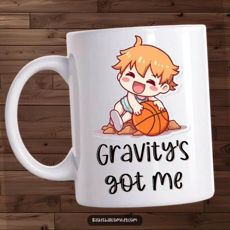 Funny mug showing a cute Kawaii character tripping over a basketball, landing in a funny heap with a happy grin.