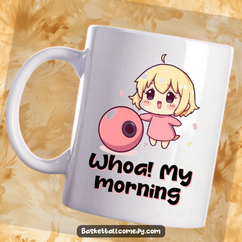 Funny mug showing a cute character with wide eyes, comically surprised by a runaway, bouncing basketball.