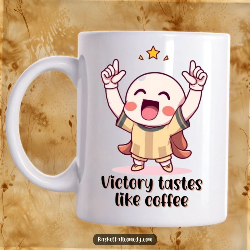 Funny mug with a triumphant character cheering with arms raised, celebrating a big win with a joyful expression.