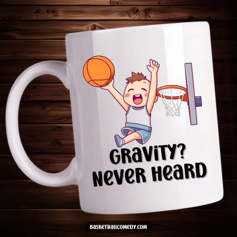 Funny mug showing a cute character happily soaring through the air attempting a slam dunk with great enthusiasm.