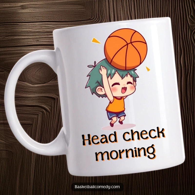 Funny mug showing a character with cartoonish stars around their head after accidentally bouncing a basketball off it.